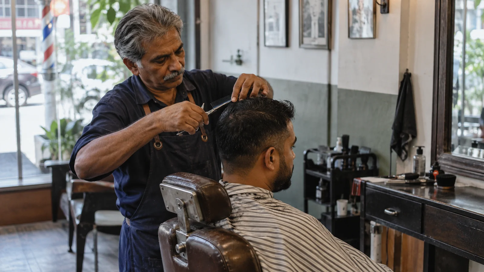 Barber cutting a client's hair in an independent barbershop