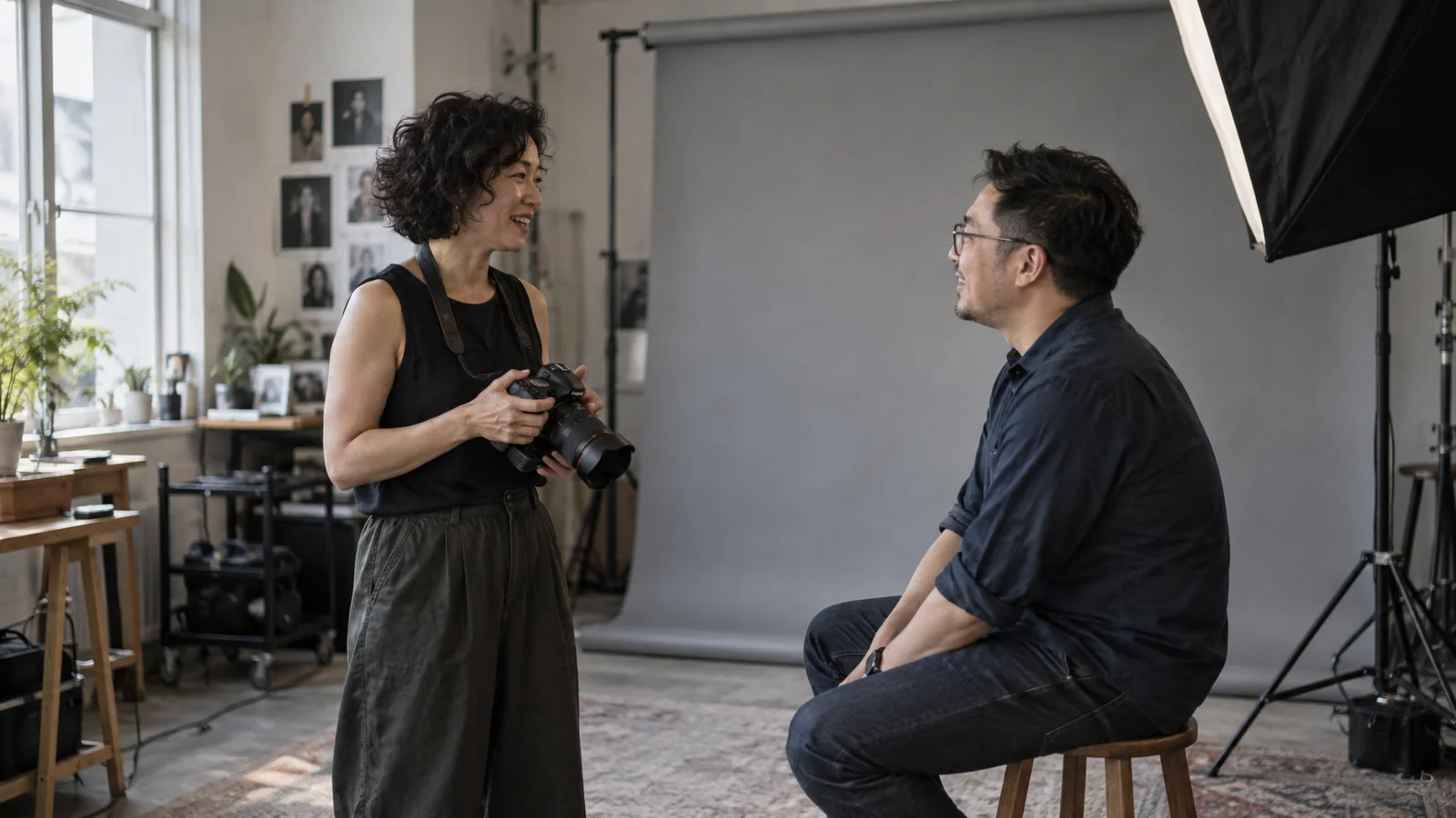 Photographer chatting with a portrait sitter in a working studio