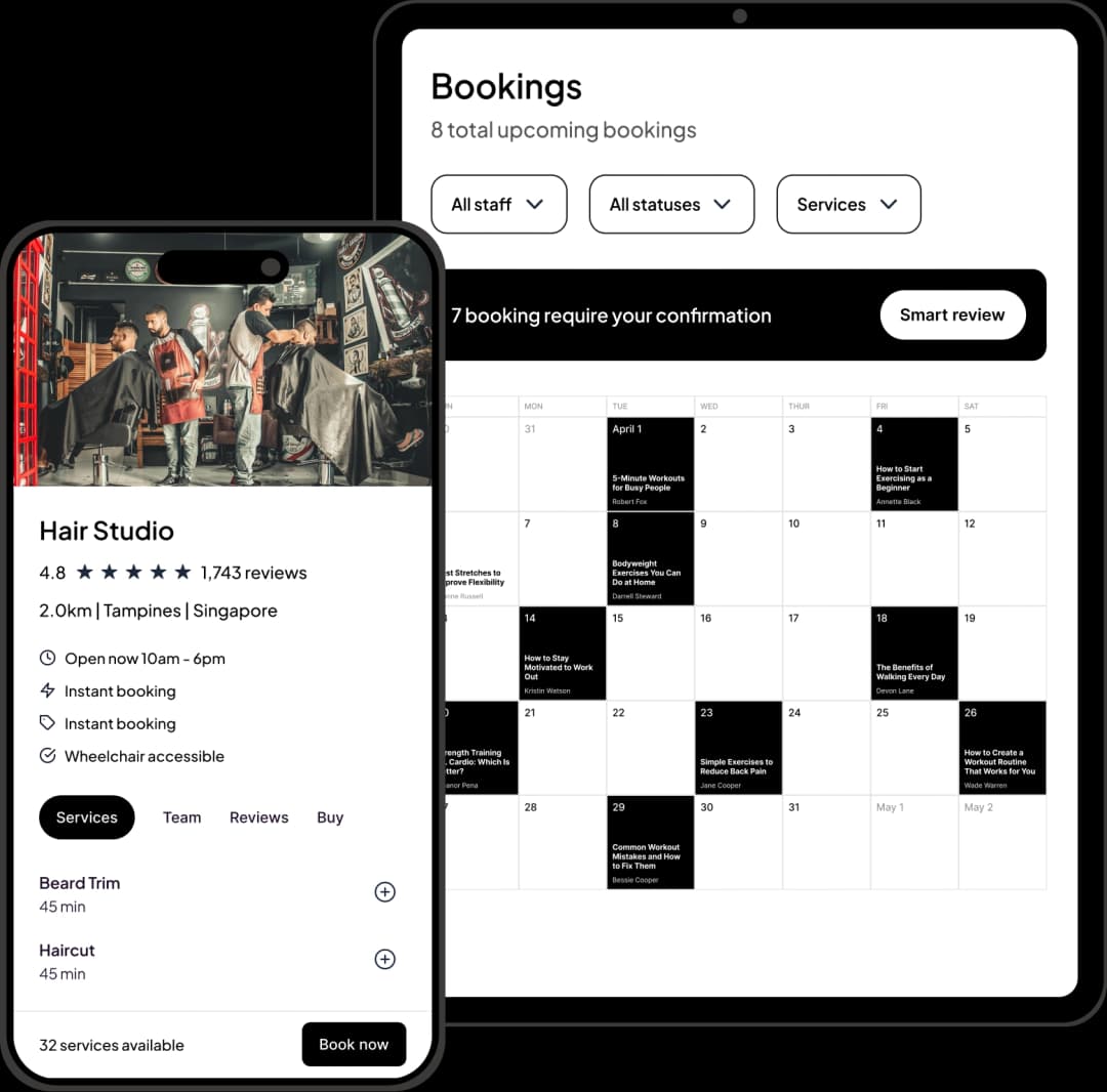 LovingBooking app showing a barbershop booking page on phone and calendar dashboard on tablet