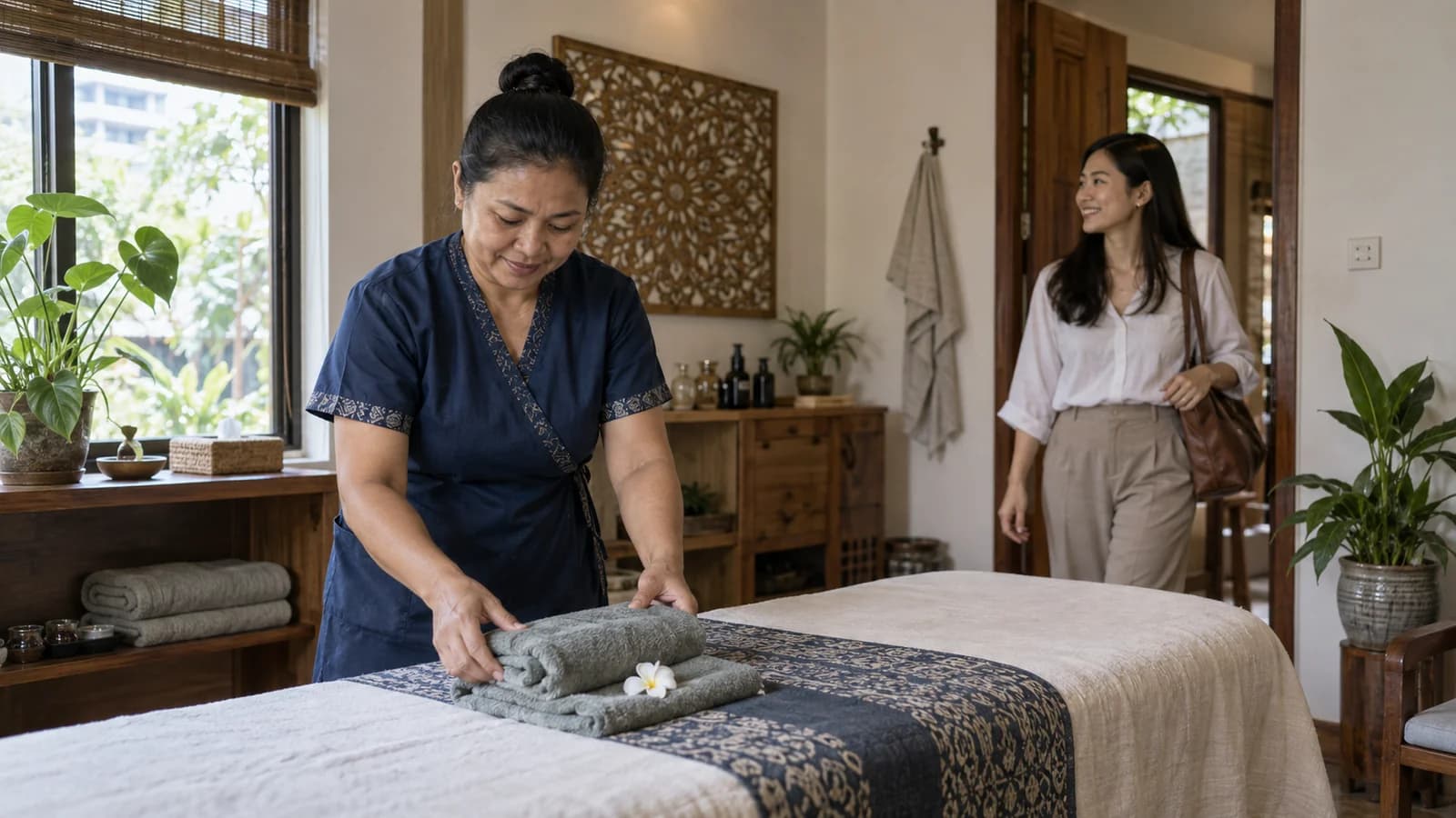 Massage therapist preparing towels as a guest arrives at a small spa