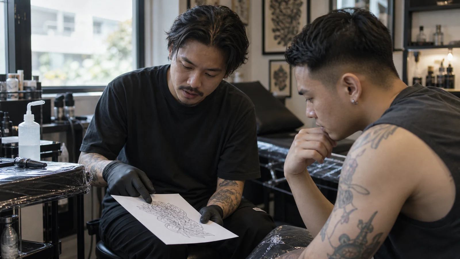 Tattoo artist discussing a design with a client in a clean studio