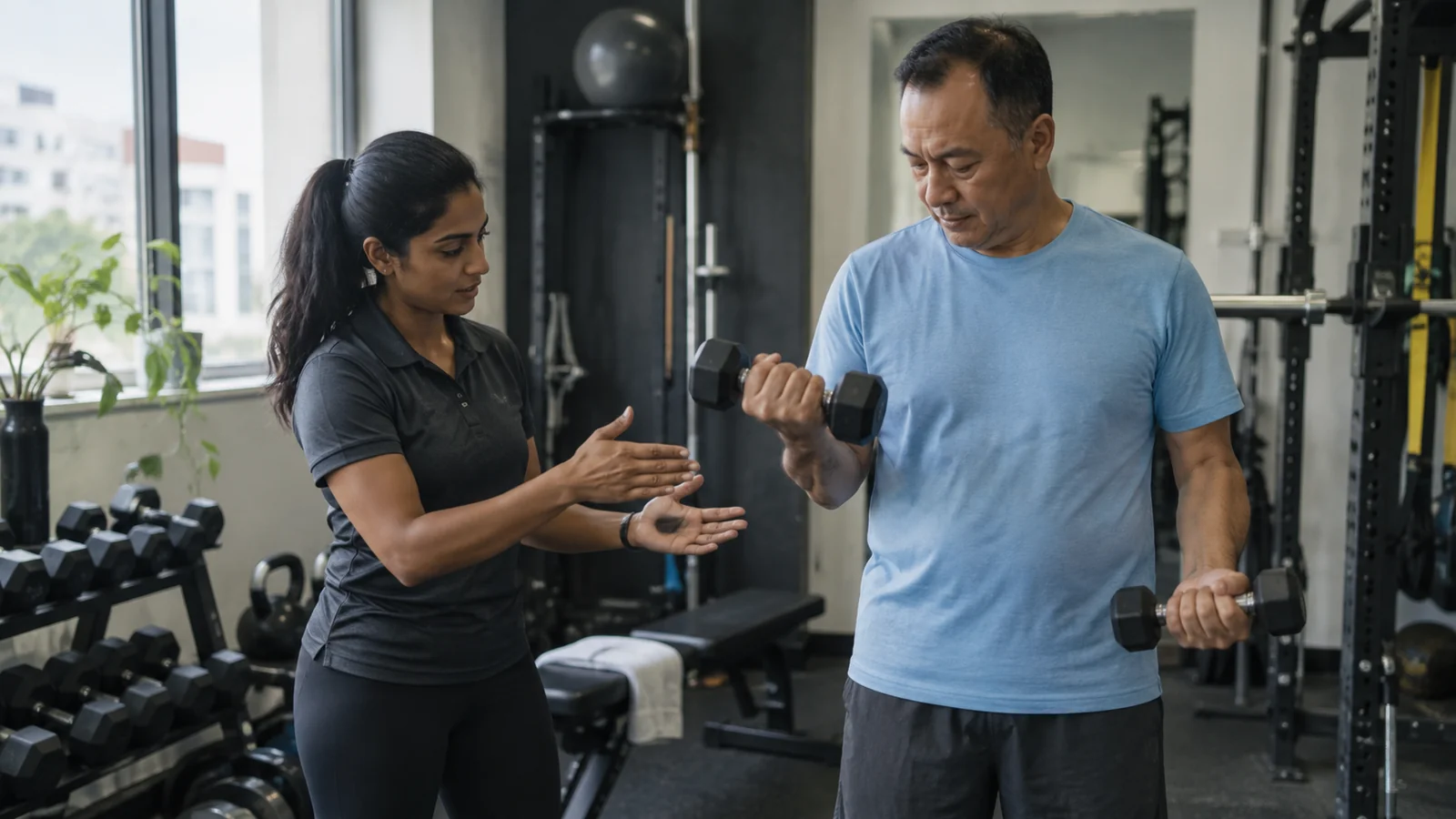 Personal trainer coaching a client in a bright studio